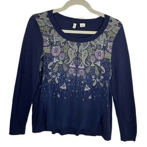 Anthropologie Moth Navy Blue Paisley Silk Front Pullover Sweater Womens Large